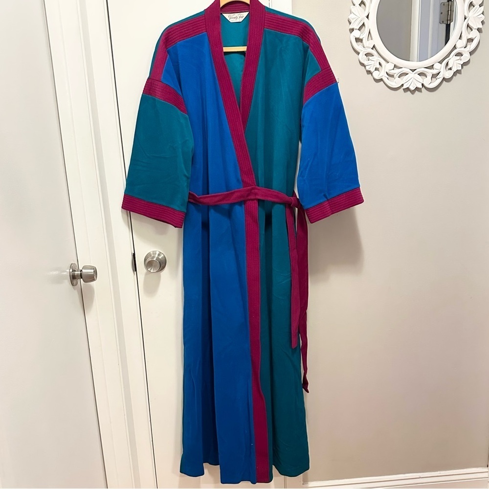 Vintage 1970s Vanity Fair Color Block Micro Fleece Long Robe Womens L teal blue